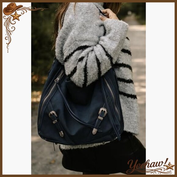 Large Faux Suede Hobo Bag with Fringe & Buckle Details, Shoulder Strap - Picture 2 of 7